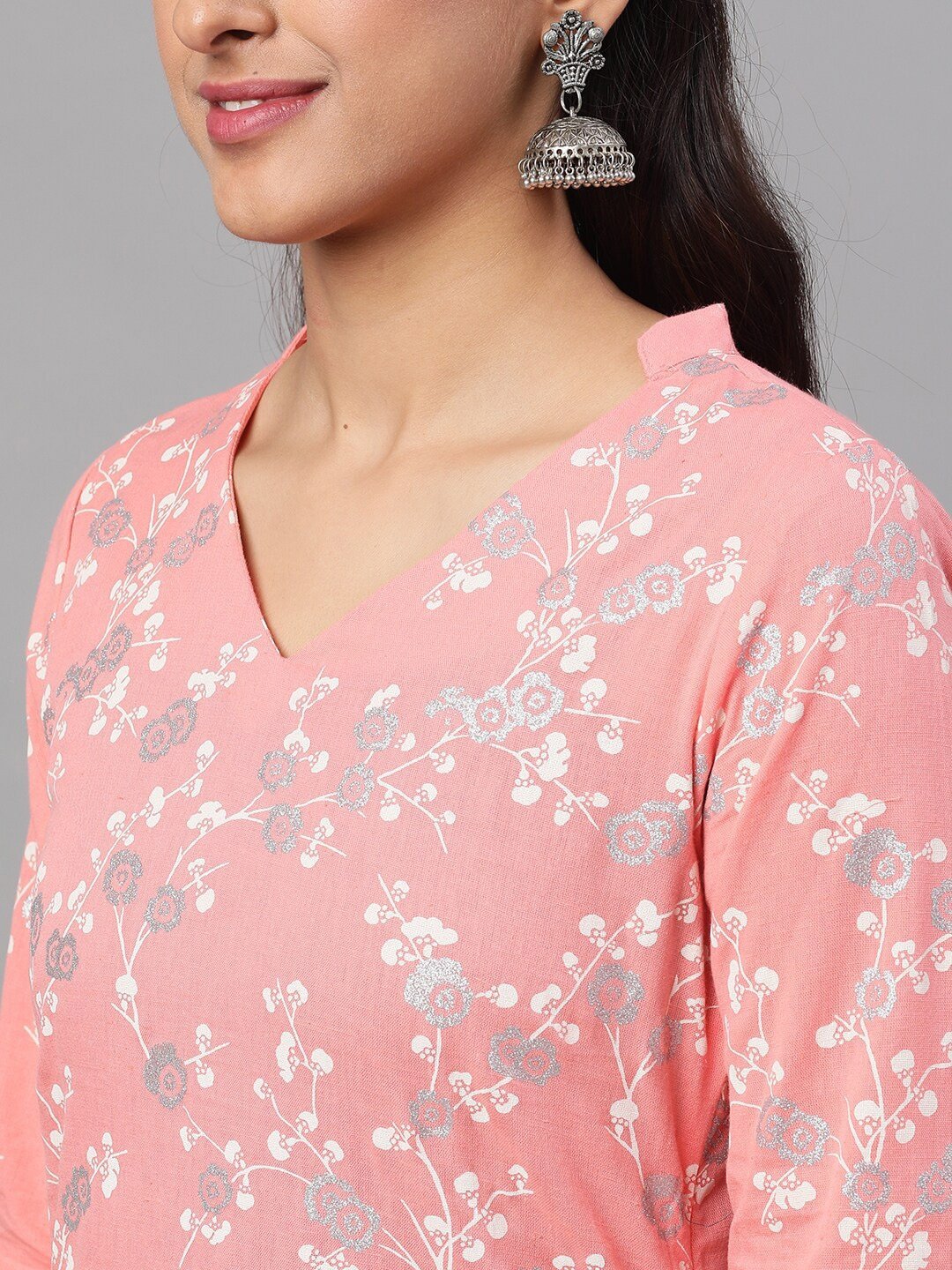 Women's  Peach-Coloured & Silver-Toned Printed Kurti with Palazzos