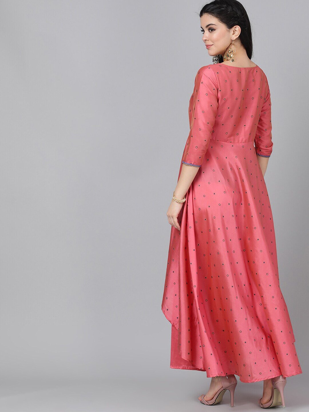 Women's  Pink Embroidered Layered Ethnic Maxi Dress