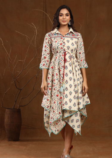 Women's Cambric Floral Print Asymmetric Dress With Mask