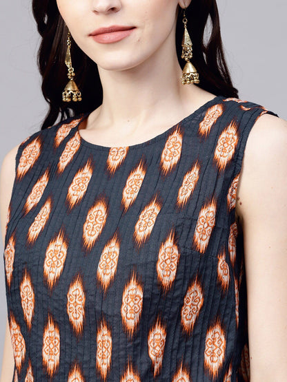 Women's  Navy Blue & Orange Regular Fit Printed Trousers With Pintucks