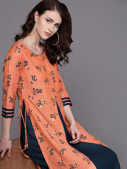 Women's  Orange & Teal Blue Floral Print Layered Maxi Dress
