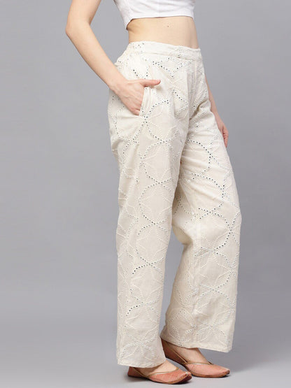 Women's  White Embroidered Wide Leg Palazzos