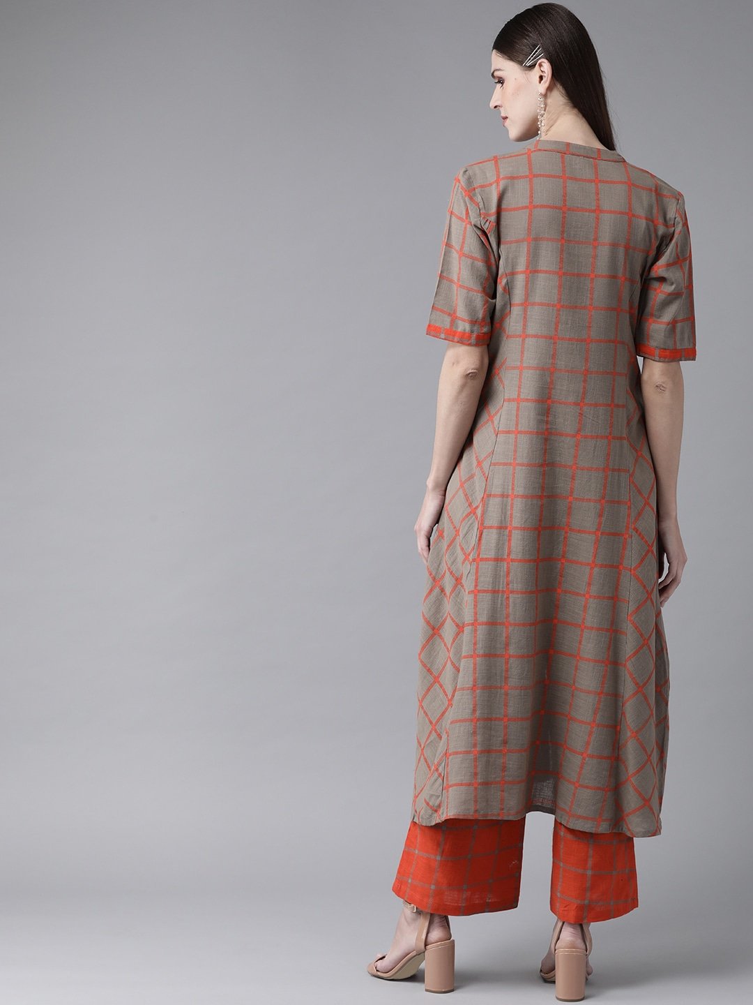 Women's  Grey & Orange Checked Kurta with Palazzos