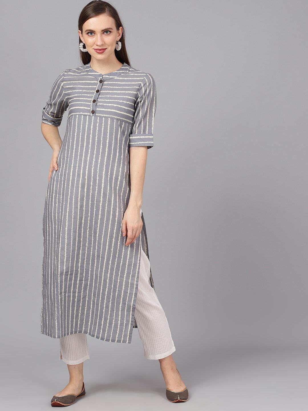 Women's  Grey & White Printed Straight Kurta