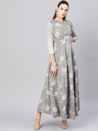 Women's  Grey & White Floral Print Maxi Dress