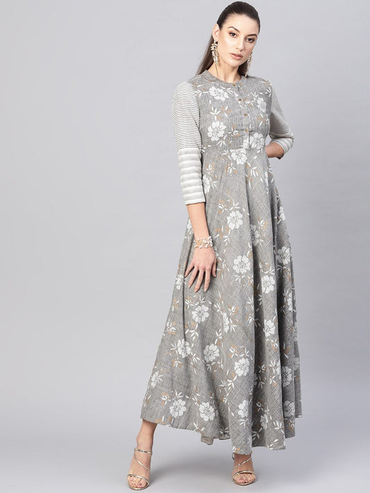 Women's  Grey & White Floral Print Maxi Dress