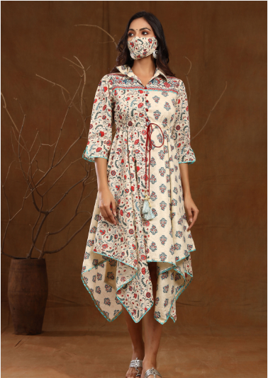 Women's Cambric Floral Print Asymmetric Dress With Mask