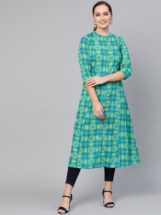 Women's  Blue & Green Checked A-Line Kurta