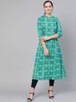 Women's  Blue & Green Checked A-Line Kurta