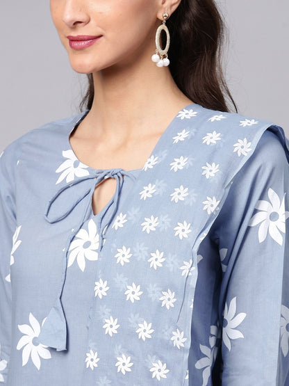 Women's  Blue & White Printed Kurta with Palazzos & Dupatta