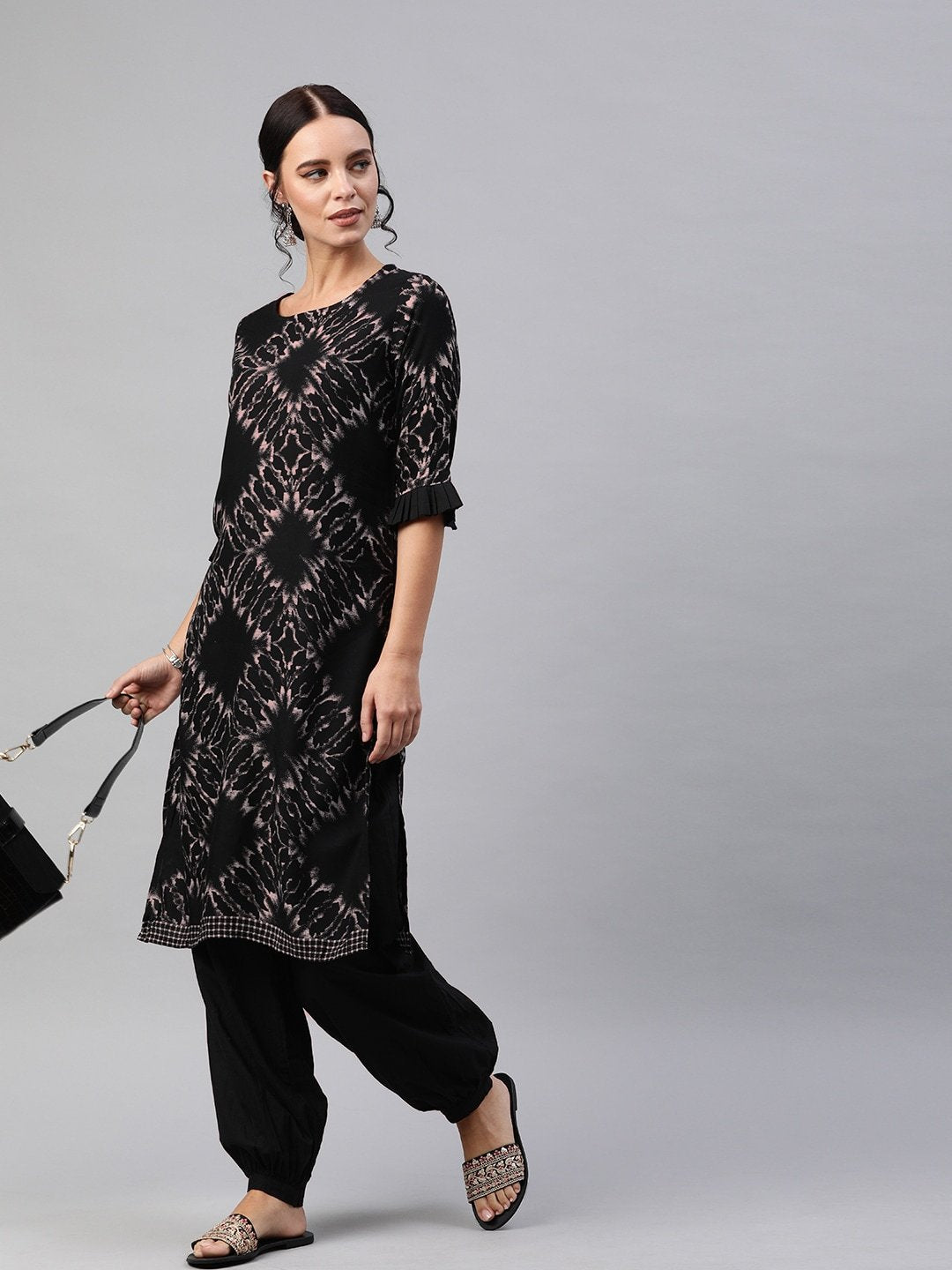 Women's  Black & Grey Discharge Printed Kurta with Salwar With Bell Sleeves