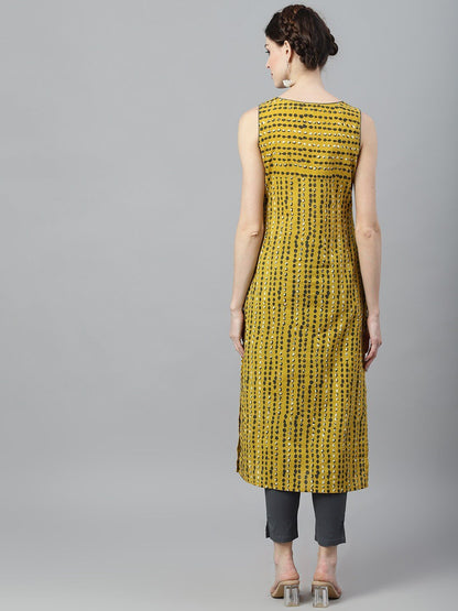 Women's  Mustard & Grey Striped Straight Kurta