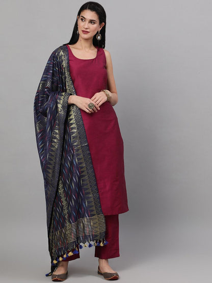 Women's  Magenta Solid Kurta with Trousers & Dupatta