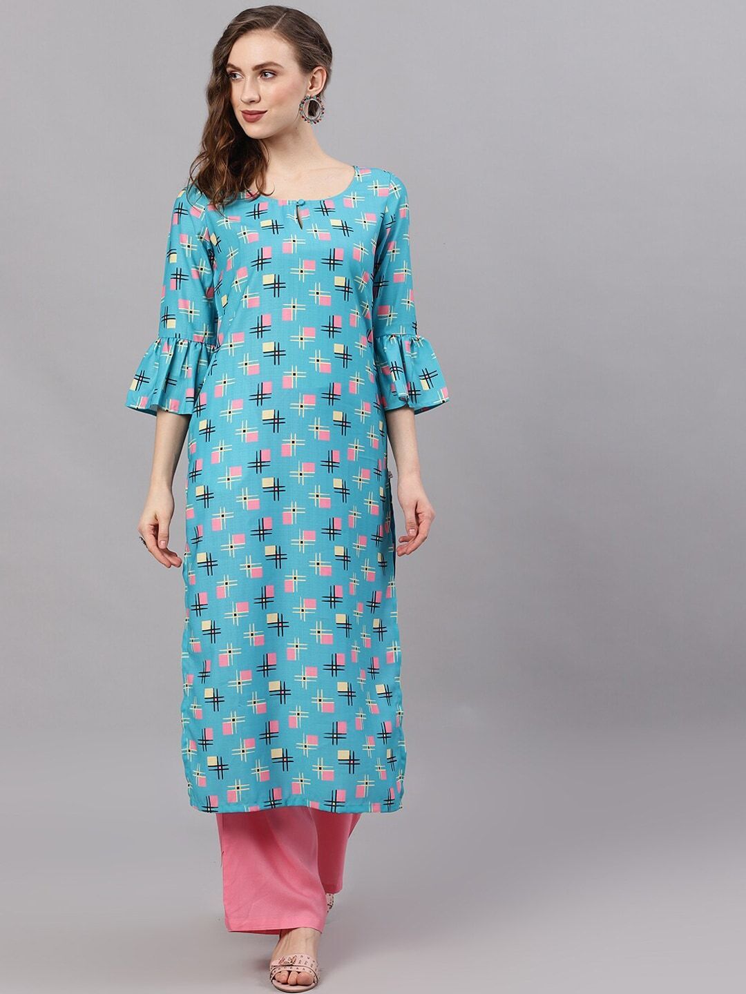 Women's  Blue & Pink Printed Straight Kurta