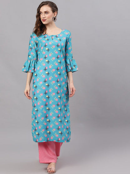 Women's  Blue & Pink Printed Straight Kurta