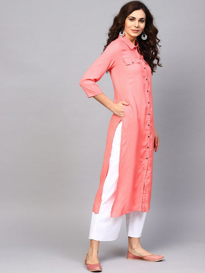 Women's  Peach-Coloured Woven Design Pathani Kurta