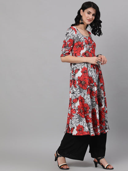 Women's  White & Red Printed Kurta with Palazzos & Dupatta