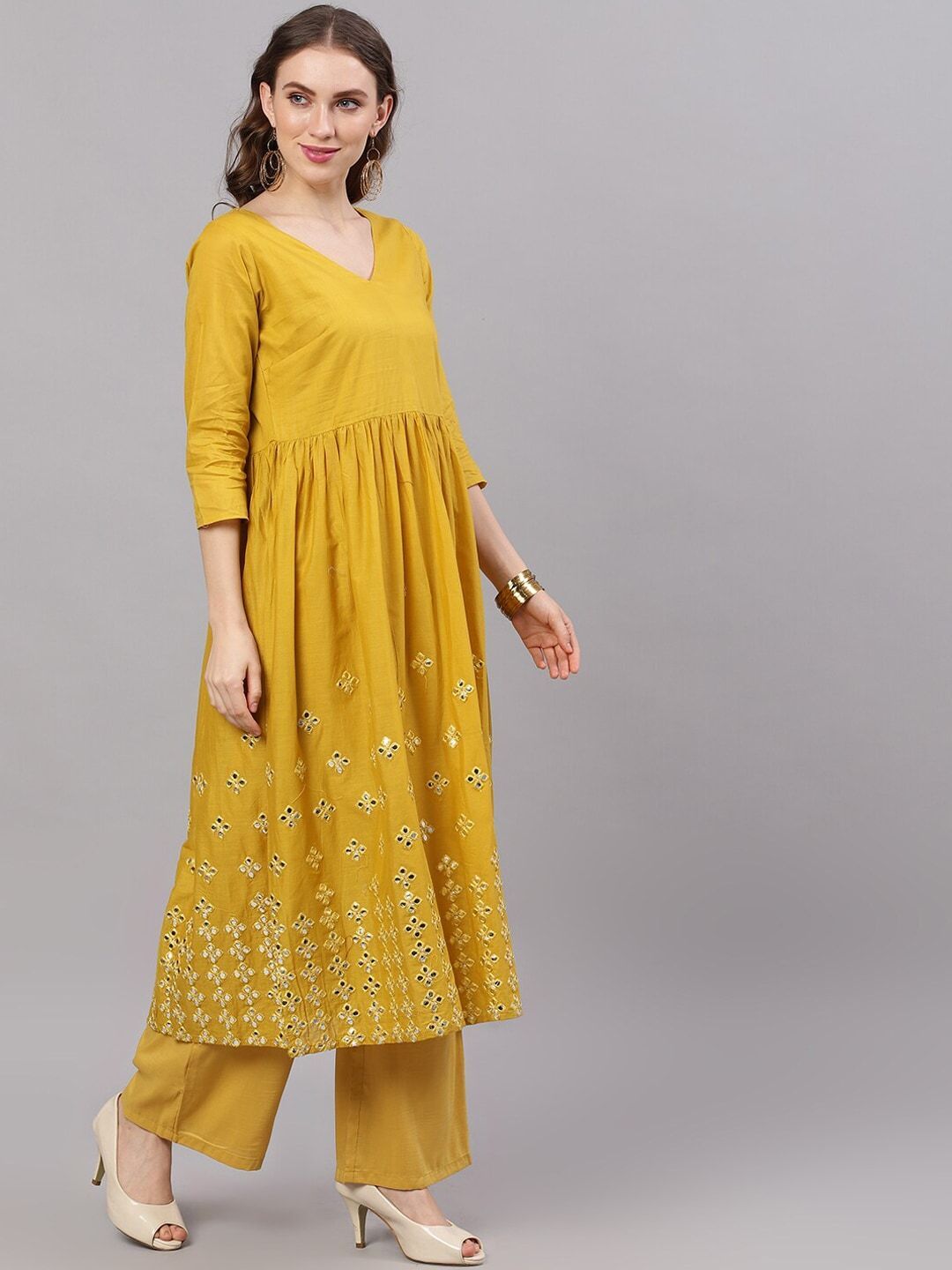 Women's  Mustard Yellow Mirror Work Anarkali Kurta