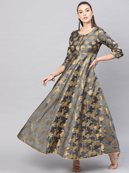 Women's  Charcoal Grey & Golden Self Design Empire Maxi Dress