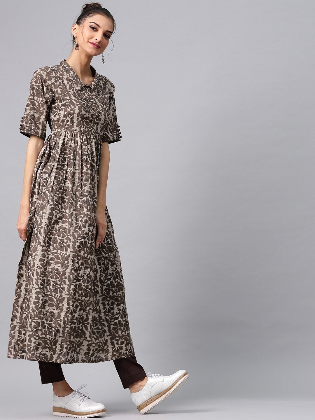 Women's  Brown & Grey Printed A-Line Kurta