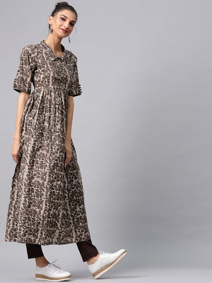 Women's  Brown & Grey Printed A-Line Kurta