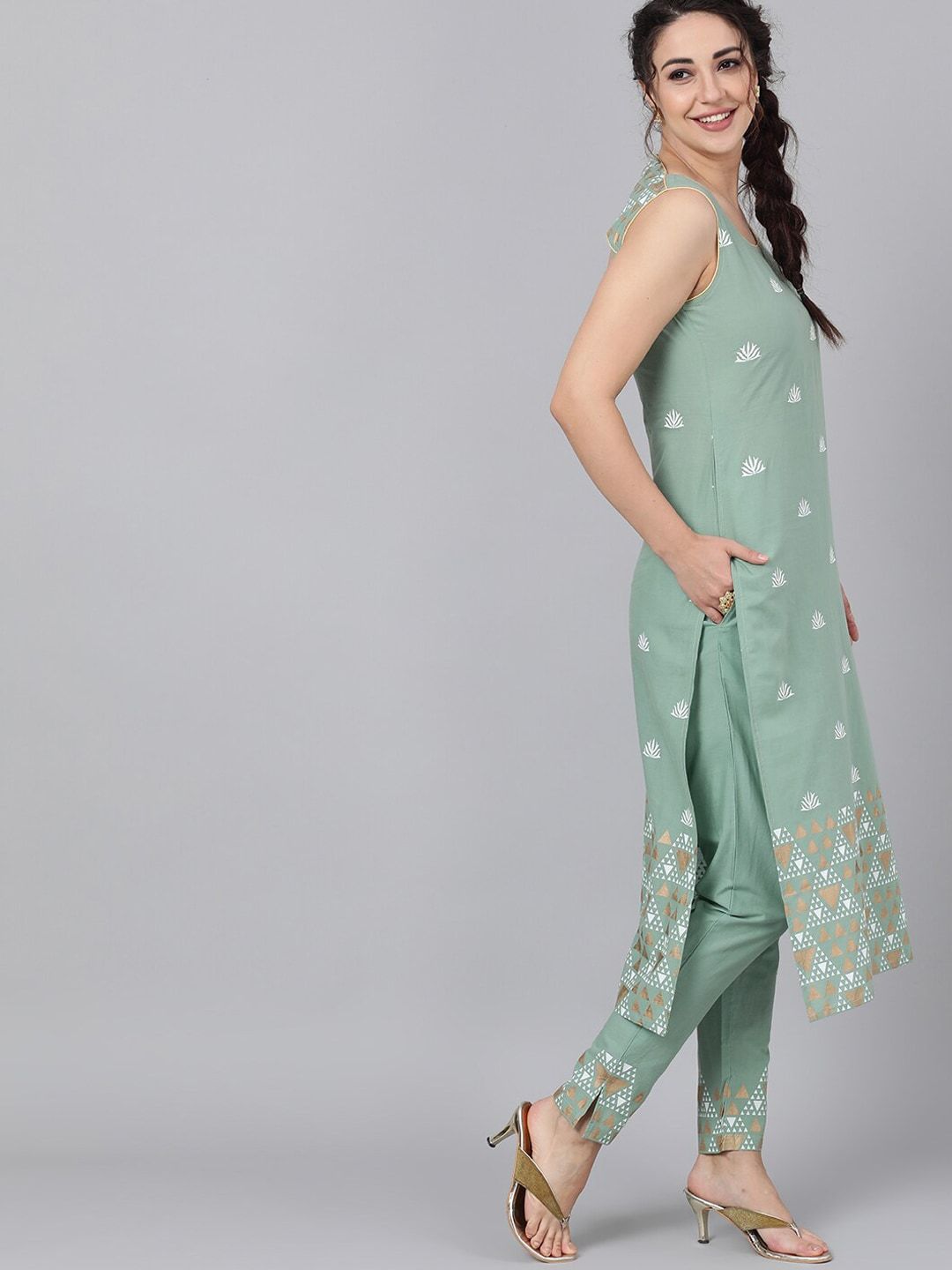 Women's  Sea Green Khari Printed Kurta with Trousers