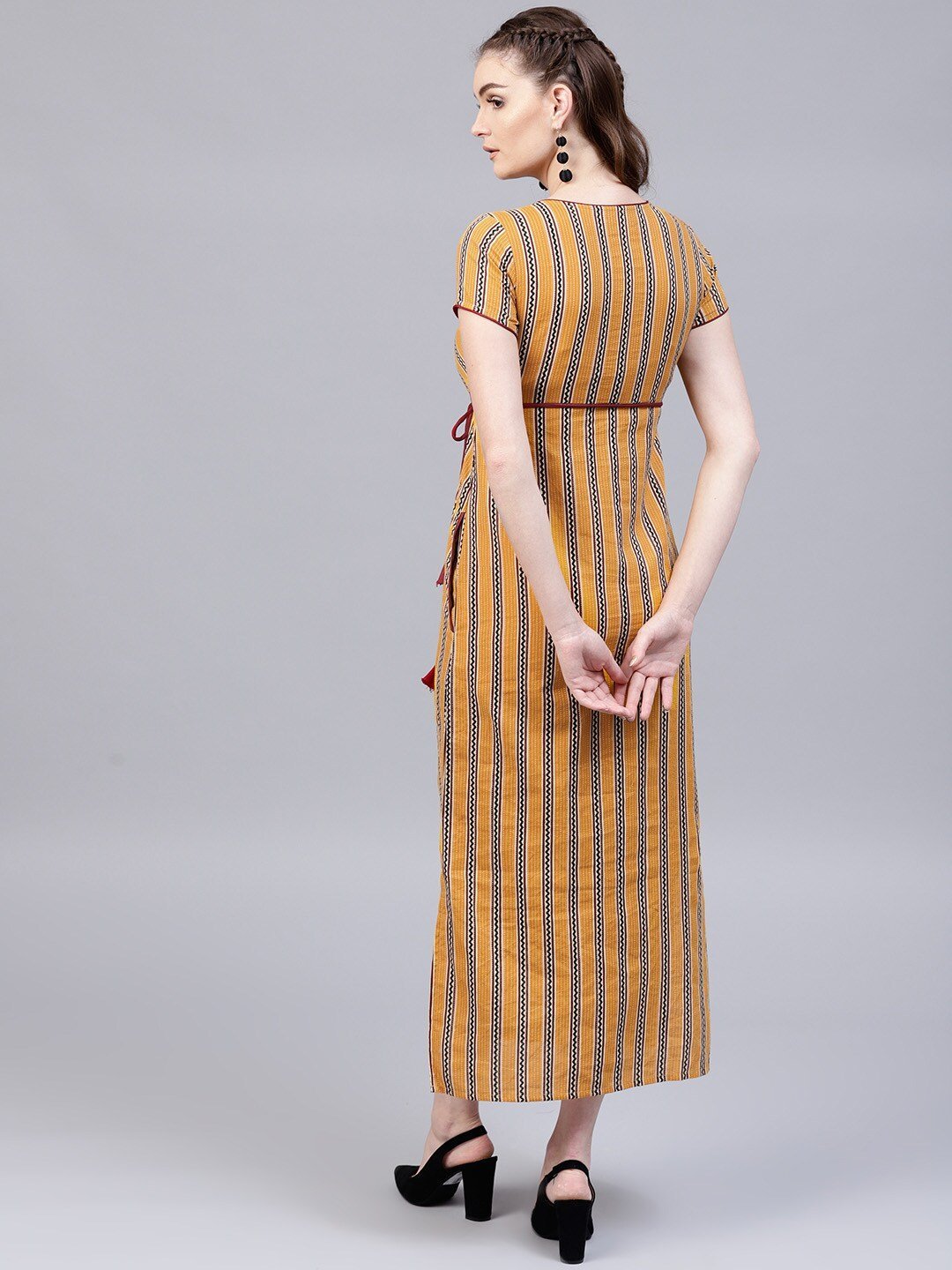 Women's  Mustard Yellow & Burgundy Striped Maxi Dress