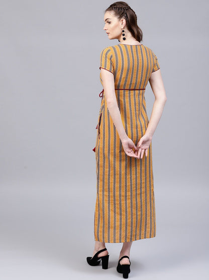 Women's  Mustard Yellow & Burgundy Striped Maxi Dress