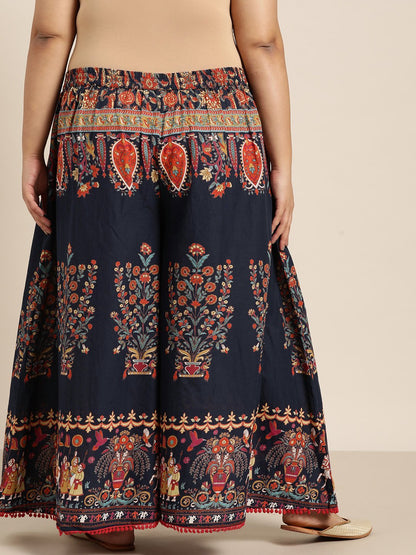 Women's Indigo Cotton Printed Flared Palazzo