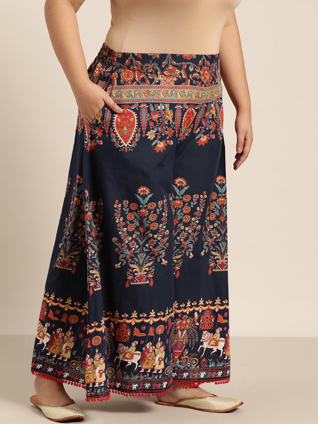Women's Indigo Cotton Printed Flared Palazzo