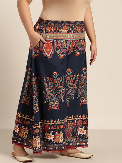 Women's Indigo Cotton Printed Flared Palazzo