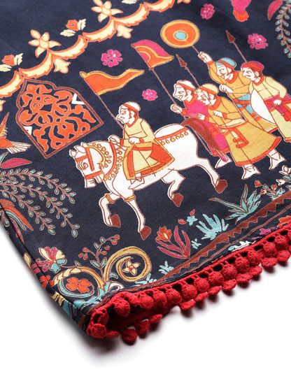 Women's Indigo Cotton Printed Flared Palazzo