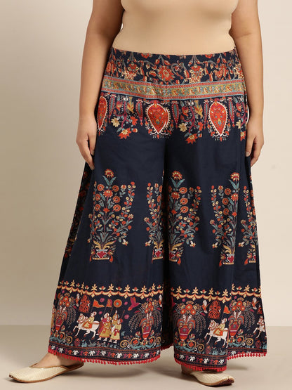 Women's Indigo Cotton Printed Flared Palazzo