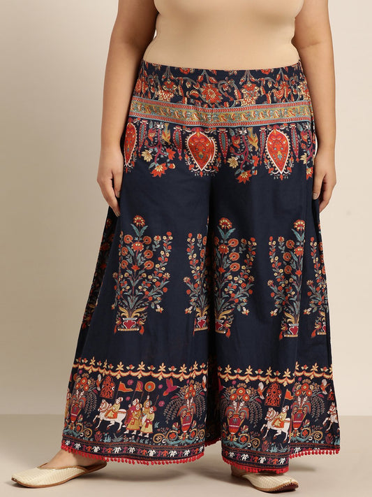 Women's Indigo Cotton Printed Flared Palazzo