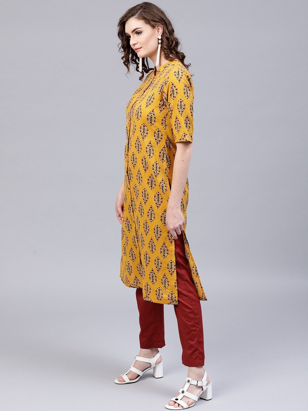 Women's  Yellow & Maroon Printed Kantha Work Kurta with Trousers