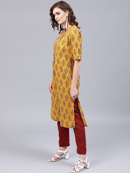 Women's  Yellow & Maroon Printed Kantha Work Kurta with Trousers