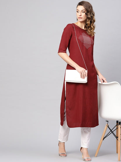 Women's  Maroon Yoke Design Straight Kurta