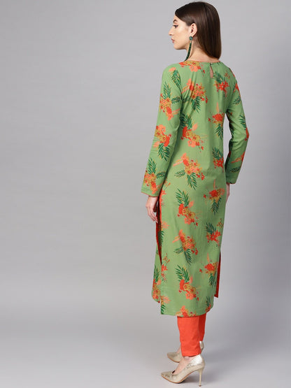 Women's  Green & Orange Floral Print Straight Kurta
