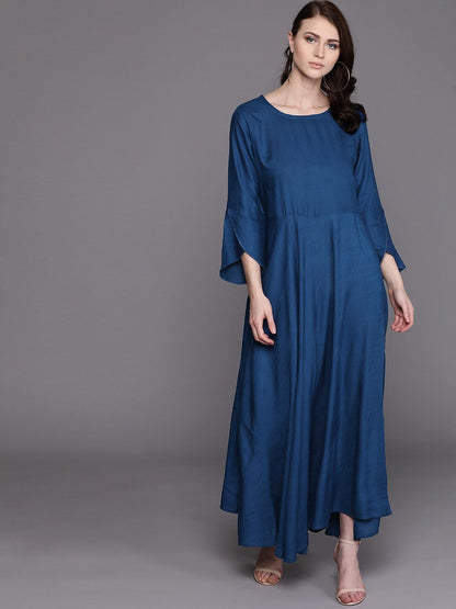 Women's Blue Maxi Gown with Floral Embroidered Jacket