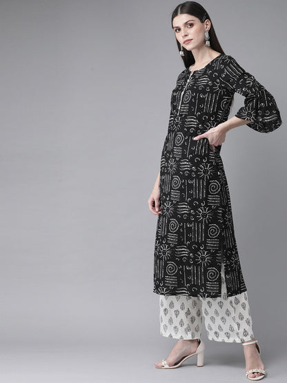 Women's  Black & White Printed Kurta with Palazzos & Dupatta