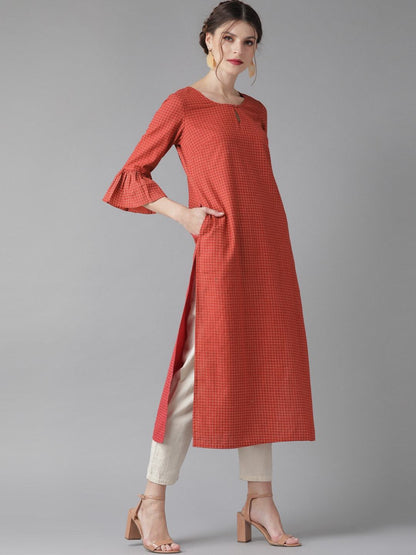 Women's  Red & Off-White Checked Straight Kurta
