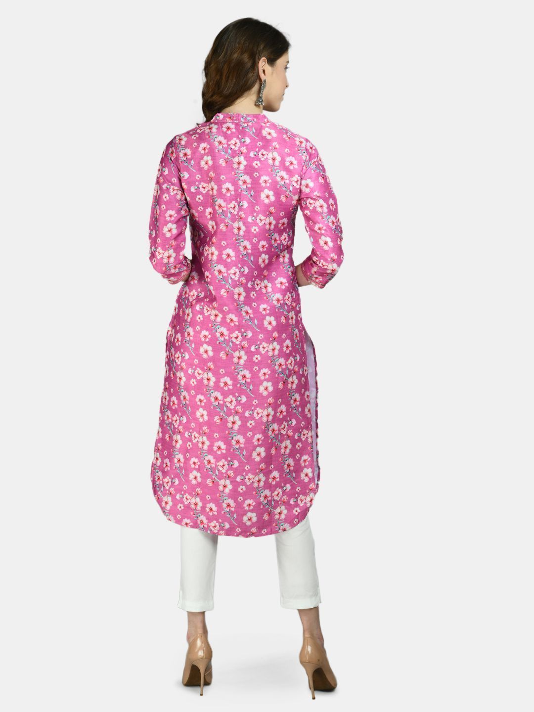 Women Pink Silk Printed Kurta by Myshka (