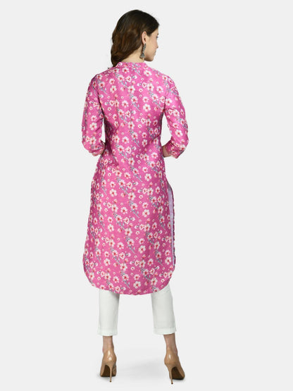 Women Pink Silk Printed Kurta by Myshka (