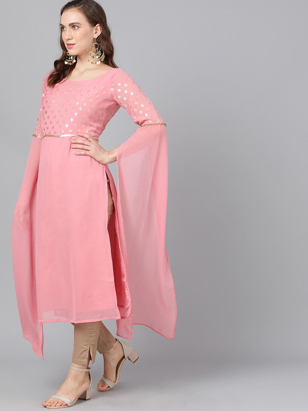 Women's  Pink Yoke Design Straight Kurta
