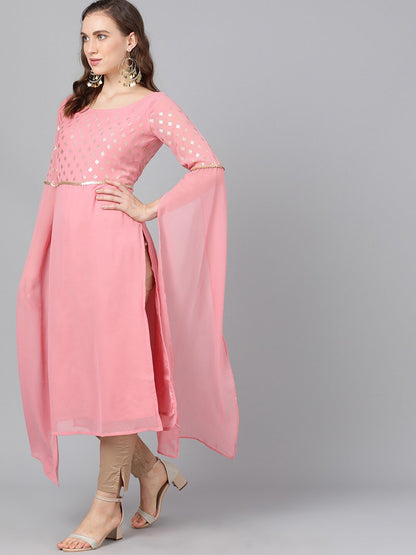 Women's  Pink Yoke Design Straight Kurta
