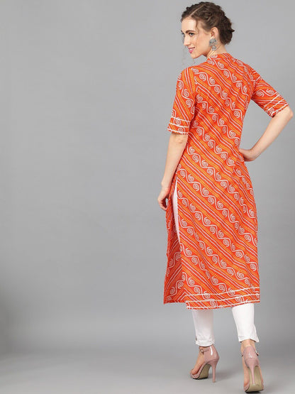 Women's  Orange & White Printed A-Line Kurta