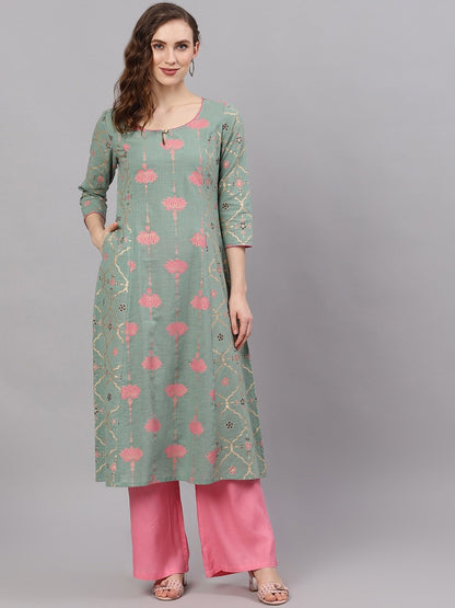 Women's  Green & Pink Printed Straight Kurta