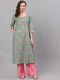 Women's  Green & Pink Printed Straight Kurta