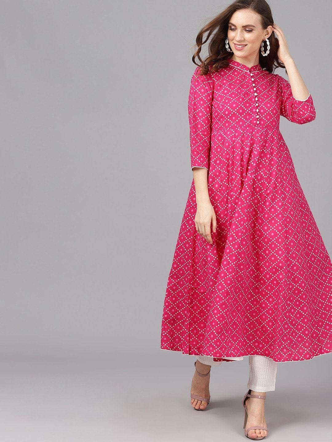 Women's  Magenta & White Printed Anarkali Kurta