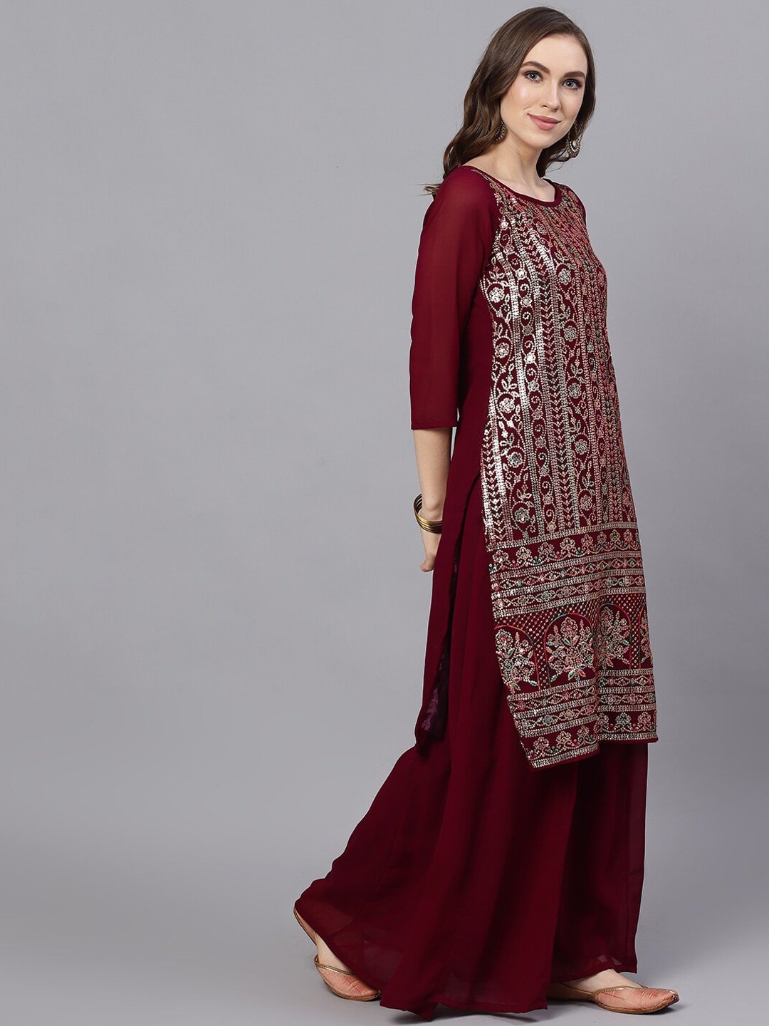 Women's  Maroon & Gold Self Design Kurta with Palazzos
